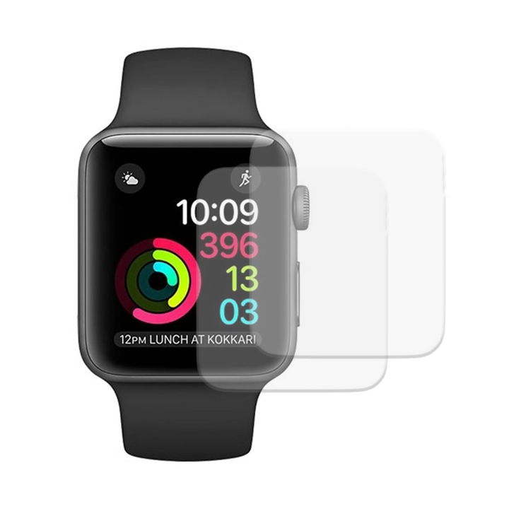 Set 2 x Folie compatibila cu Apple Watch 1 42mm, InvisiFlex Full Glue, Silicon hydrogel regenerabil, Anti soc si anti spargeri, SlimLine NanoShield, Transparenta