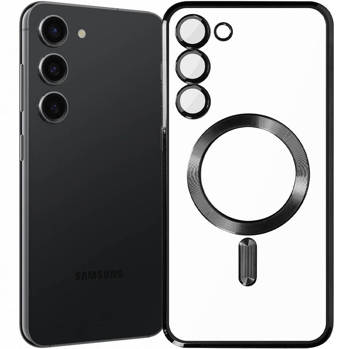 Протектор тип MagSafe, Съвместим със Samsung Galaxy S23 Plus, Snap-On Electroplate, Защита на камерата, Галванизирани ръбове, Магнитна приставка, Панел съвместим с безжично зареждане MagSafe, Черен / Прозрачен