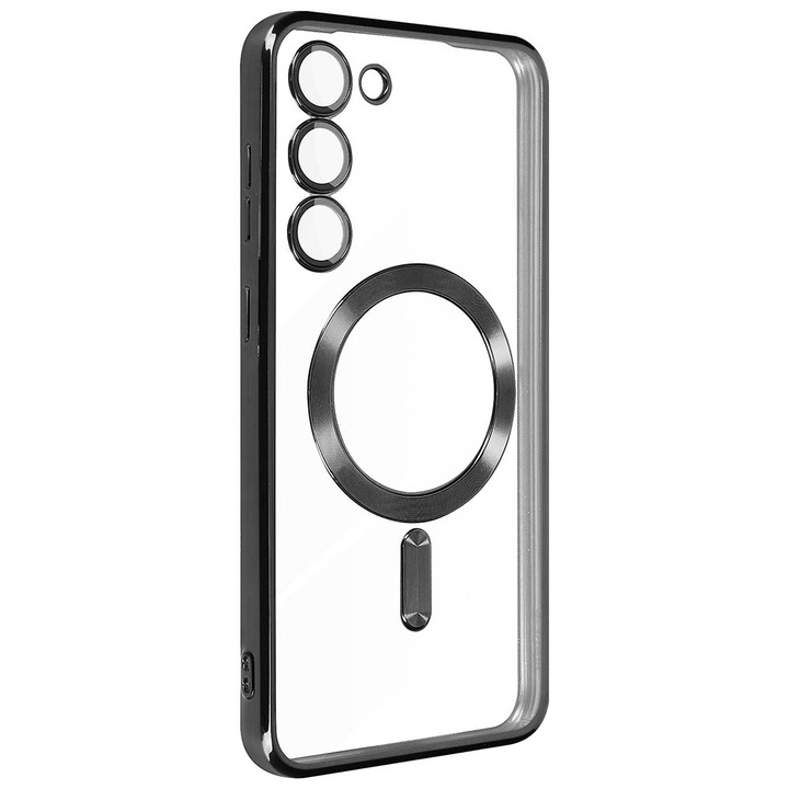 Husa tip MagSafe compatibila cu Samsung Galaxy S21, Snap-On Electroplate, Protectie camere, Margini electroplacate, Atasare magnetica, Bumper compatibil cu incarcarea wireless MagSafe, Negru/Transparent