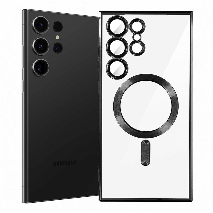 FONIX Snap-On Electroplate Hátlap tok, Samsung Galaxy S22 Ultra telefonhoz, galvanizált élek, mágneses rögzítés, lökhárító, MagSafe vezeték nélküli töltéshez, fekete/átlátszó