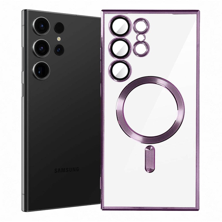 Калъф, Съвместим със Samsung Galaxy S22 Ultra, Плоча със защракване, Защита на камерата, Галванизирани ръбове, Магнитна приставка, Броня, Съвместима с безжично зареждане MagSafe, Лилаво/Прозрачен