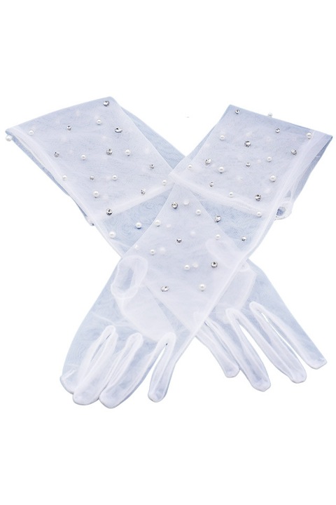 Manusi pentru mireasa lungi, din tulle, cu perle si cristale Alb One-Size