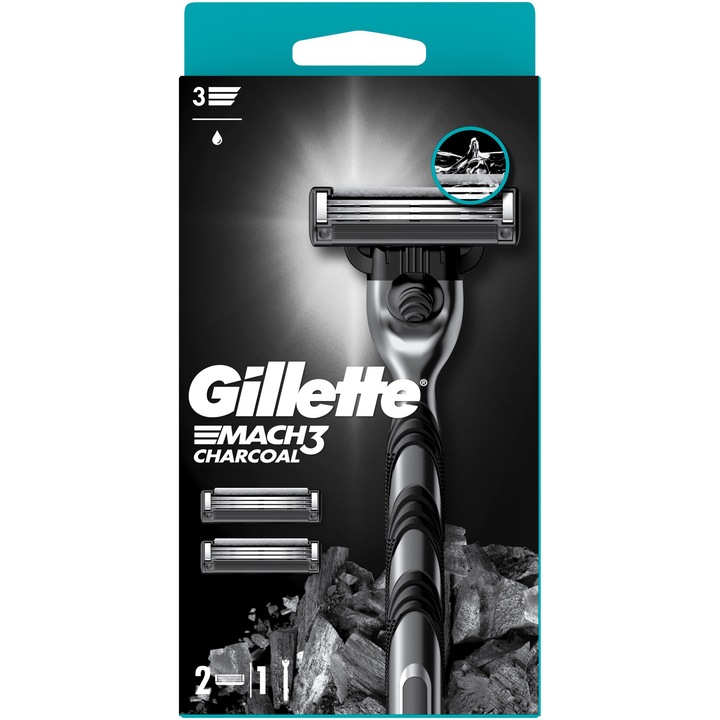 Aparat de ras pentru barbati Gillette Mach3 Charcoal, 1 Aparat de ras Gillette cu 3 lame, Rezerve de lame, Cu banda de lubrifiere imbunatatita pentru o alunecare neteda si lame concepute pentru a reduce stresul barbieritului pe piele