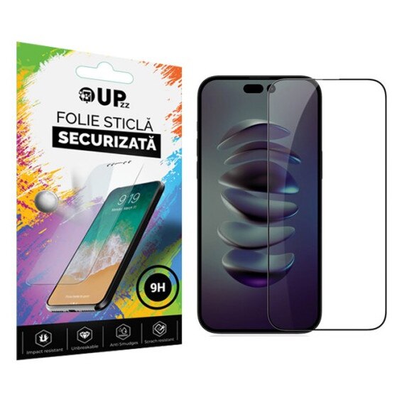 Folie Sticla Securizata Upzz Rinbo Compatibila Cu iPhone 15 Pro Max Adeziv Pe Toata Suprafata, Full Cover, Duritate 9h