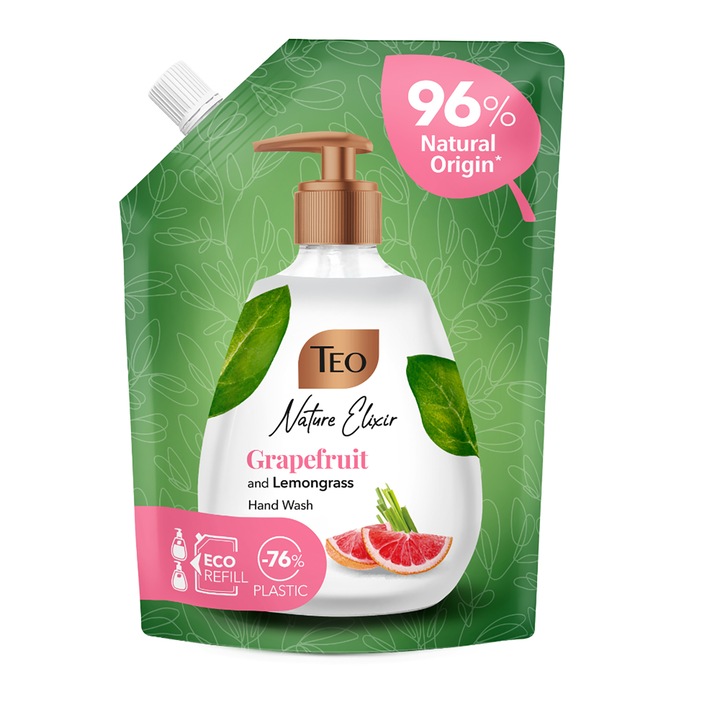 Rezerva sapun lichid TEO Nature Elixir, Pink Grapefruit & Lemongrass, 500 ml
