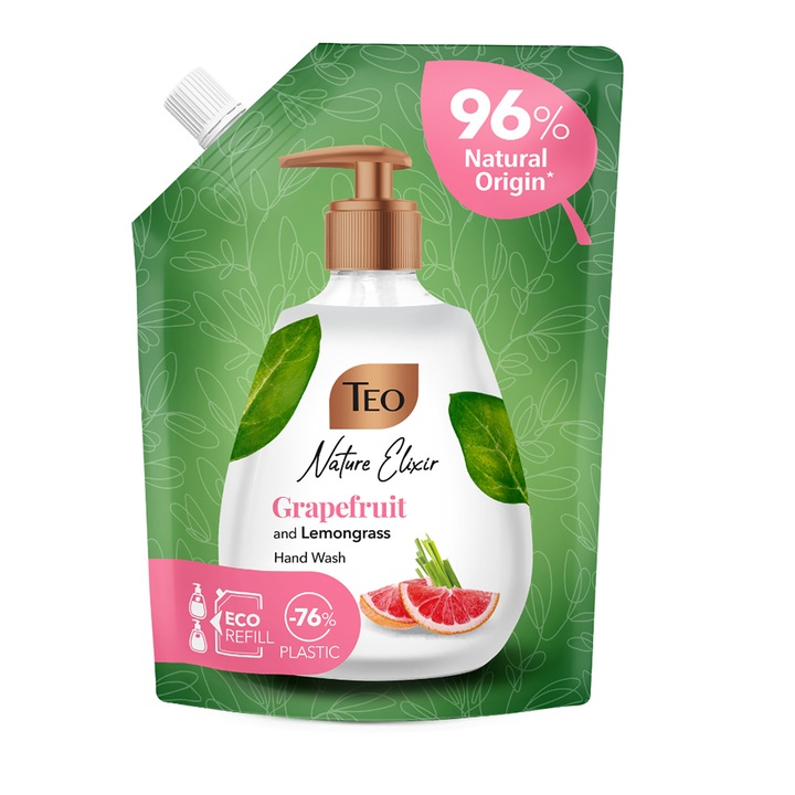 Розов грейпфрут & Пълнител за течен сапун с лимонена трева, TEO Nature Elixir, 500 ml