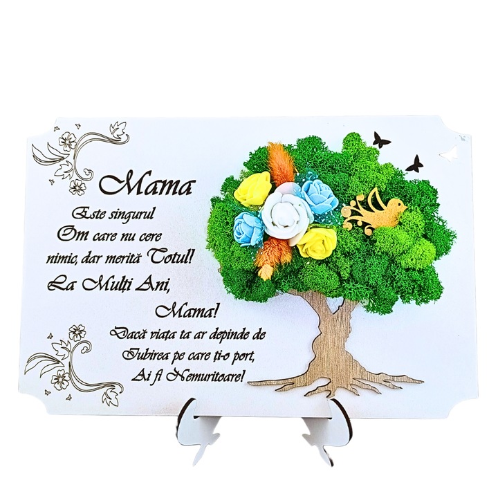 Tablou cu licheni stabilizati naturali cu suport, personalizat cu mesaj standard gravat laser "Mama...La multi ani!" pentru mama, decorat cu flori decorative, 30x20cm, alb