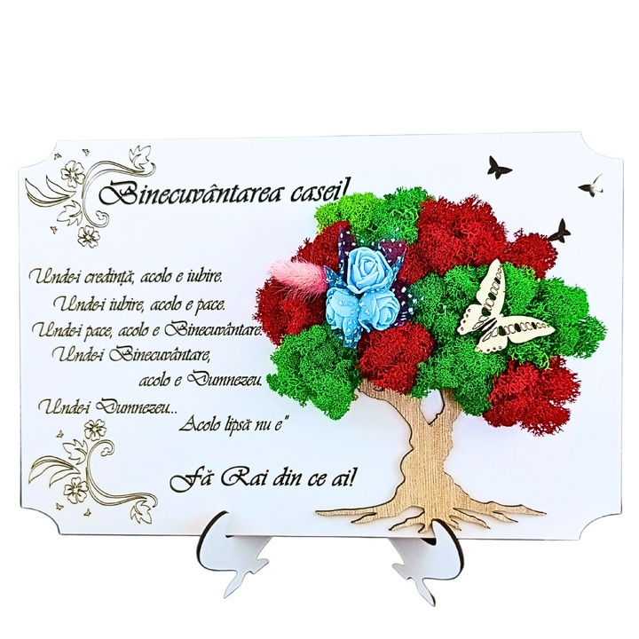 Tablou cu licheni stabilizati naturali cu suport, personalizat cu mesaj standard gravat laser pentru nunta, logodna, familie, nasi, fini, prieteni, doctor, medic, invatator, profesor "Binecuvantarea casei", 30x20cm, model 4, alb