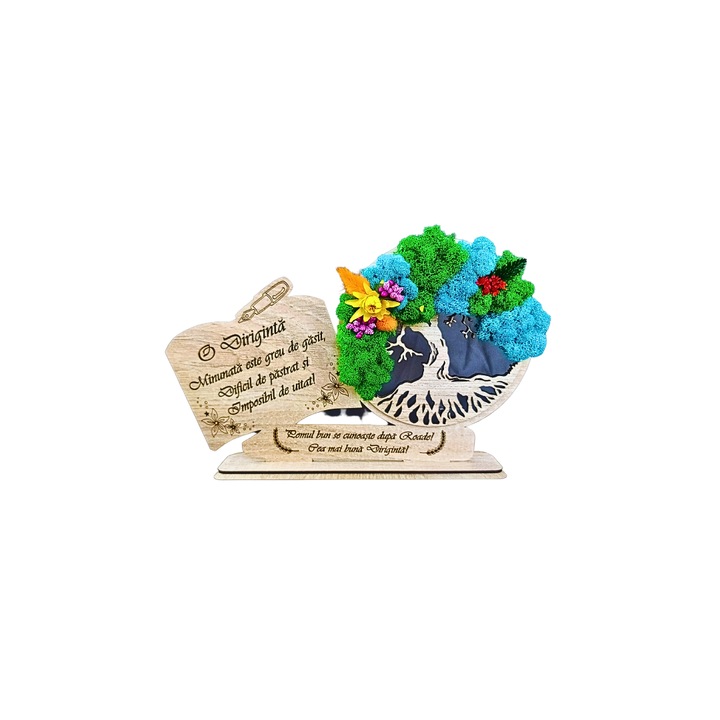 Tablou cu licheni stabilizati naturali cu suport, personalizat cu mesaj standard gravat laser pentru diriginta, "O diriginta minunata ", decorat cu flori decorative, 30x20cm, model carte 1, maro
