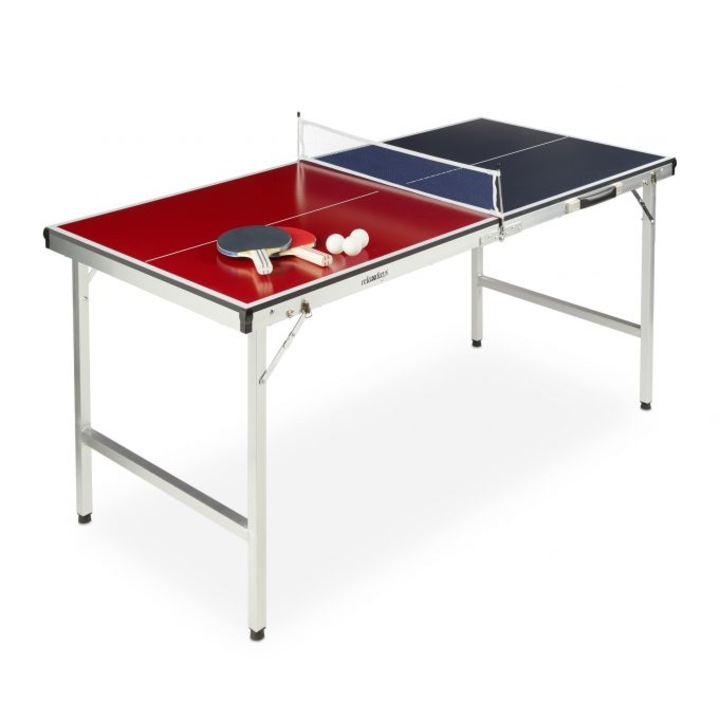 Masa ping pong Relaxdays, 2 palete, un fileu, 3 mingi, albastru/rosu, 67.5 x 151 x 67.5 cm