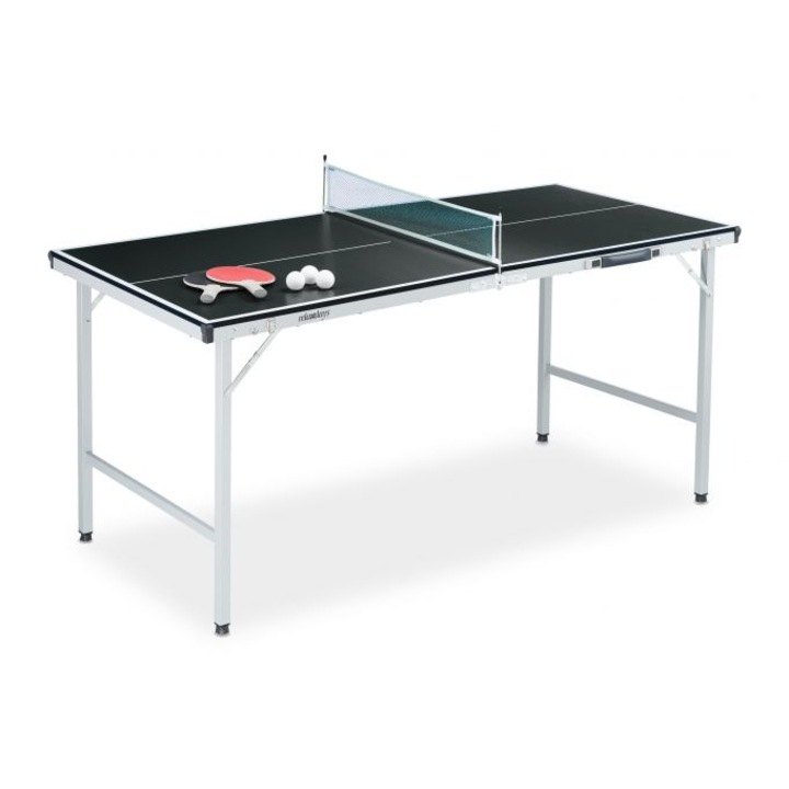 Masa ping pong Relaxdays, 2 palete, un fileu, 3 mingi, negru, 70 x 70 x 150 cm