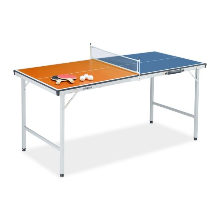 Masa ping pong Relaxdays, 2 palete, un fileu, 3 mingi, albastru/portocaliu, 70 x 70 x 150 cm