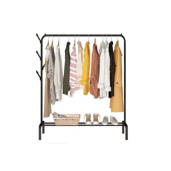 Поставка за закачалка за дрехи, свободностояща, метал, черна, 150 x 110 x 40 см