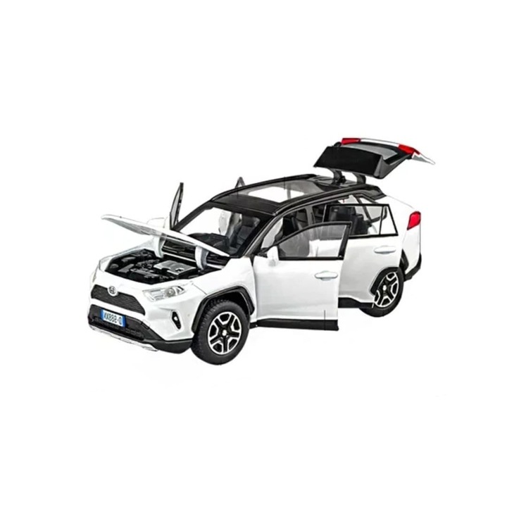 Masinuta metal mecanica, tip Toyota Rav 4, sunete, usi mobile, capota mobila, portbagaj mobil, alb, 17 cm