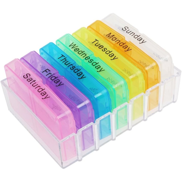 Organizator de medicamente, Zola®, pentru 7 zile, culori diferite pentru fiecare zi, din plastic, 10.5x7.5x4.6 cm, multicolor