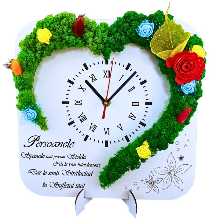 Ceas decorativ perete cu licheni stabilizati naturali, personalizat cu mesaj standard gravat laser "Persoanele speciale sunt precum stelele..." pentru prieteni, familie, nasi, fini,, 30cm, alb