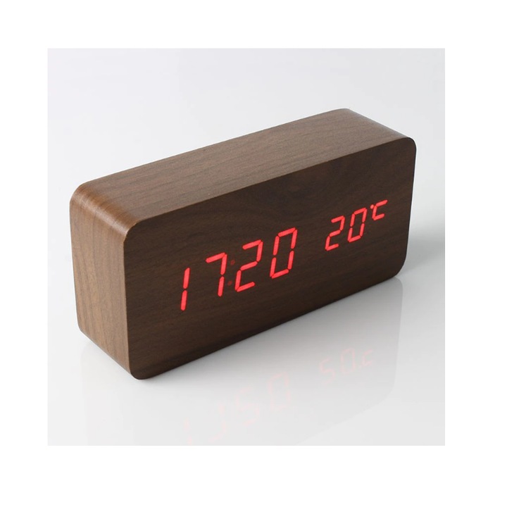 OEM LED digitális óra, Maxi, téglalap alakú, fa textúra, idő, dátum, hőmérséklet kijelző, barna, piros színű kijelzővel
