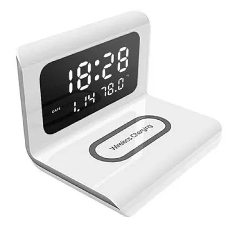 Ceas cu afisaj digital si alarma, cu statie de incarcat wireless, cu 4 functii, alb