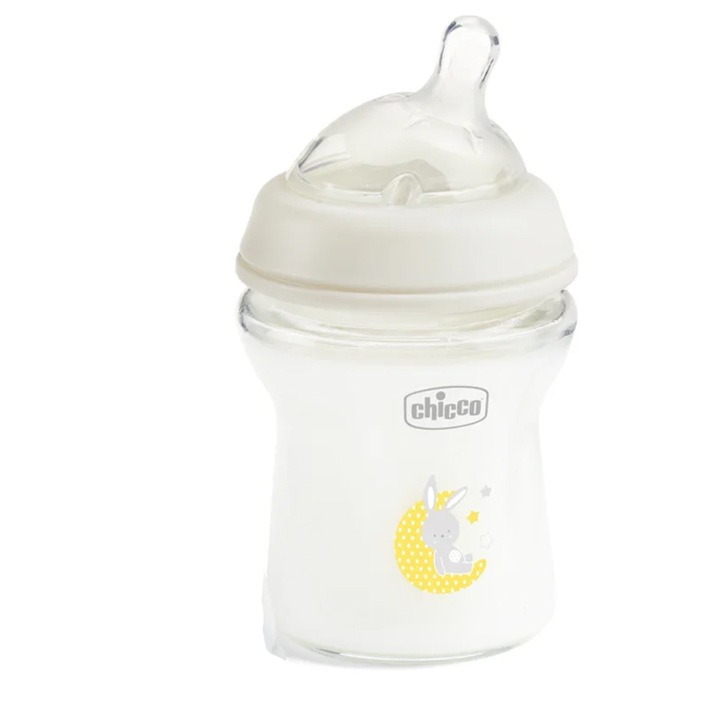 Стъклено шише със силиконов биберон 150 ml Chicco Natural Feeling 153459, Бяло 0-3 месеца