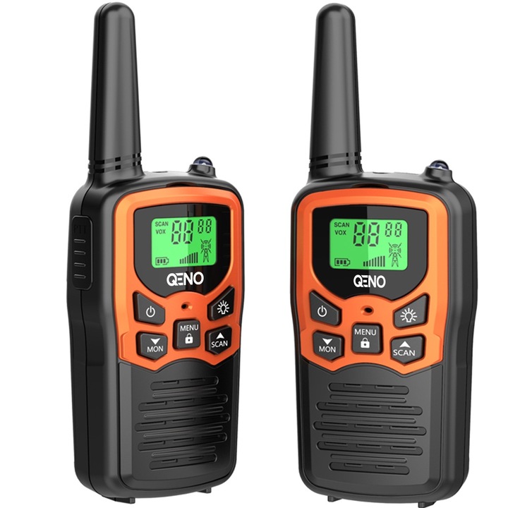 Set 2x Statie Radio Portabila Emisie Receptie, Walkie Talkie QENO® TORNADO, Raza De Comunicare Pana La 8 Km, 22 Frecvente Canale Cu 99 CTCSS, 2 Frecvente Radio FCC ID, 2ASV6-T5A, VOX 3 Moduri, Display LCD, Jack 2.5mm, Lanterna, 10 Tonuri De Apel, Orange