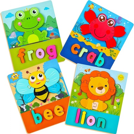 Set de 4 puzzle-uri pentru copii 1-4 ani Bblike, lemn, multicolor