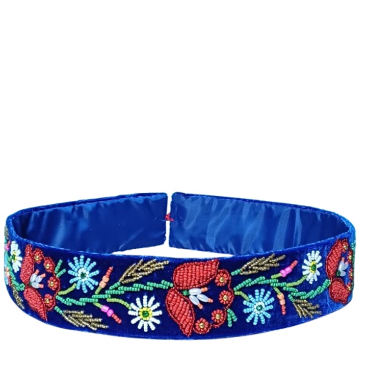Brau cusut cu margele, model maci, fond albastru cu multicolor, 70 cm