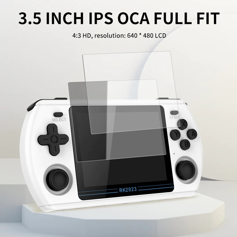 Consola de jocuri retro Powkiddy RK2023, culoare alba, portabila, suport pentru 23+ emulatoare retro