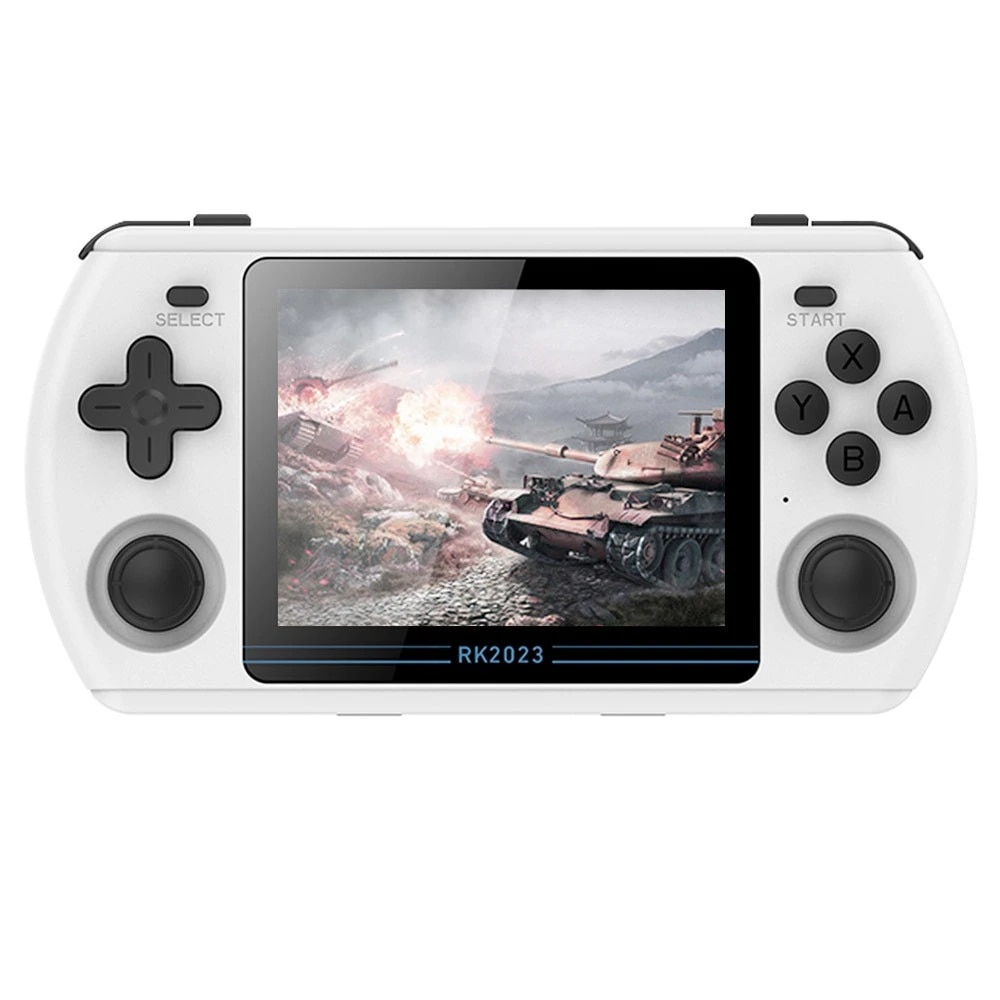 Consola de jocuri retro Powkiddy RK2023, culoare alba, portabila, suport pentru 23+ emulatoare retro