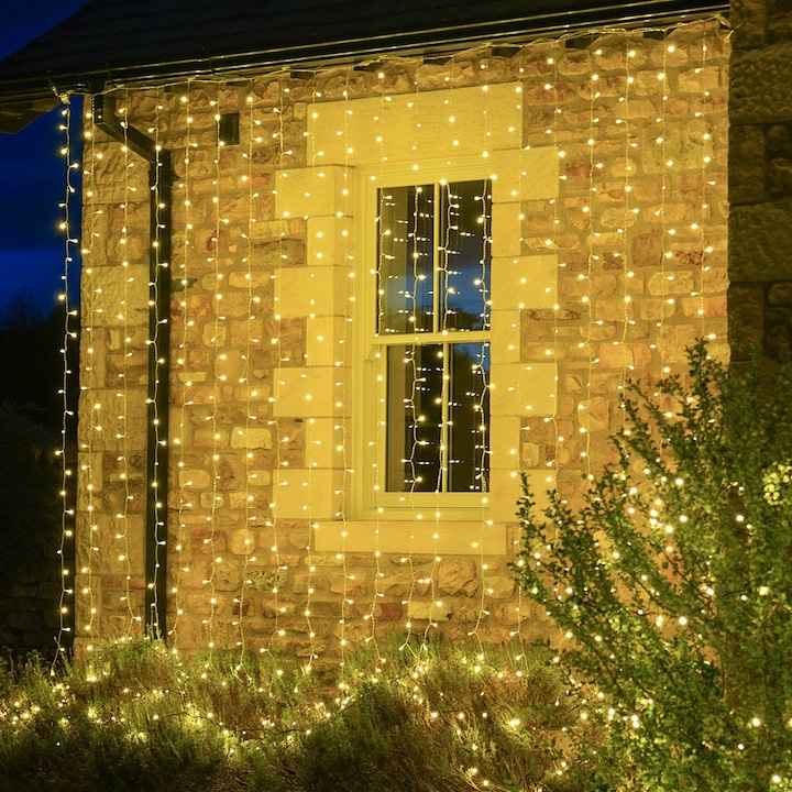 Yoto karácsonyi fényfüzér, függöny típus, 5 m x 1 m, 200 LED, 1,5 m hosszabbítás, 8 fényjáték, összekapcsolható, átlátszó vezeték, beltéri/kültéri, meleg fehér