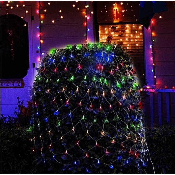 Karácsonyi fényfüzér, hálós típus, 1,2 m x 1,2 m, 80 LED, 1,5 m-es hosszabbítás, 8 fényjáték, összekapcsolható, átlátszó vezeték, beltéri/kültéri, többszínű