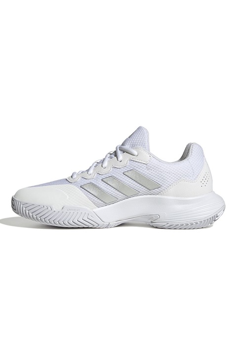 adidas Performance, Pantofi de plasa cu insertii de material sintetic pentru tenis Gamecourt 2, Alb optic/Argintiu