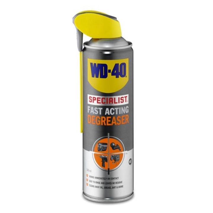 WD-40 500 ml tisztító spray, amely gyorsan eltávolítja a makacs szennyeződéseket, kenőanyagokat, zsírokat, szennyeződéseket és hamut, nyomok hagyása nélkül