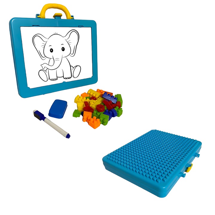 Tabla de scris multifunctionala, 2 in 1, Cu doua fete, Cu bloc de constructie, Spatiu propriu de depozitare, Tip gentuta, Dimensiuni 26 x 21 x 4.5 cm, Albastru