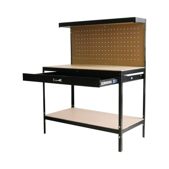 Műhely munkaasztal, polcokkal és fiókkal, 120 x 60 x 150 cm, 230 kg maximális teherbírás