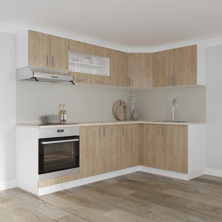 Set Bucatarie Colt haaus Karo V34, Lemn Natural/Alb, Blat Thermo 28 mm, L 240 x 140 cm