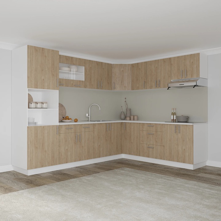 Set Bucatarie Colt haaus Karo V36, Lemn Natural/Alb, Blat Thermo 28 mm, L 320 x 160 cm