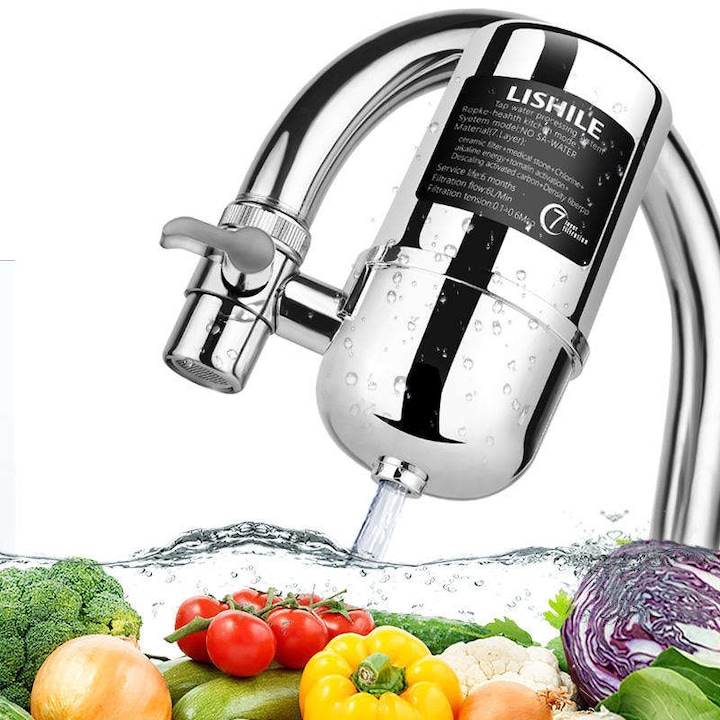 Professzionális víztisztító szűrő 7 szűrési fokozattal, eltávolítja a klórt, nehézfémeket, rozsdát, üledéket, szerves anyagokat, akár 6 l/perc szűrést biztosít, könnyen telepíthető | Rozsdamentes acél, ezüst