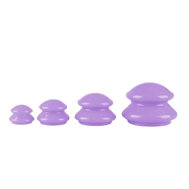 Set 4 Ventuze cu Maner din Silicon VENTUZ™ pentru Masaj Facial si Corporal Dimensiuni XL, L, M si S Violet