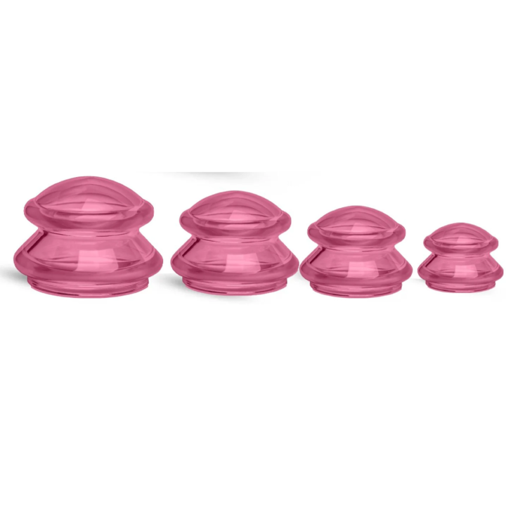 Set 4 Ventuze cu Maner din Silicon VENTUZ™ pentru Masaj Facial si Corporal Dimensiuni XL, L, M si S Roz Transparente