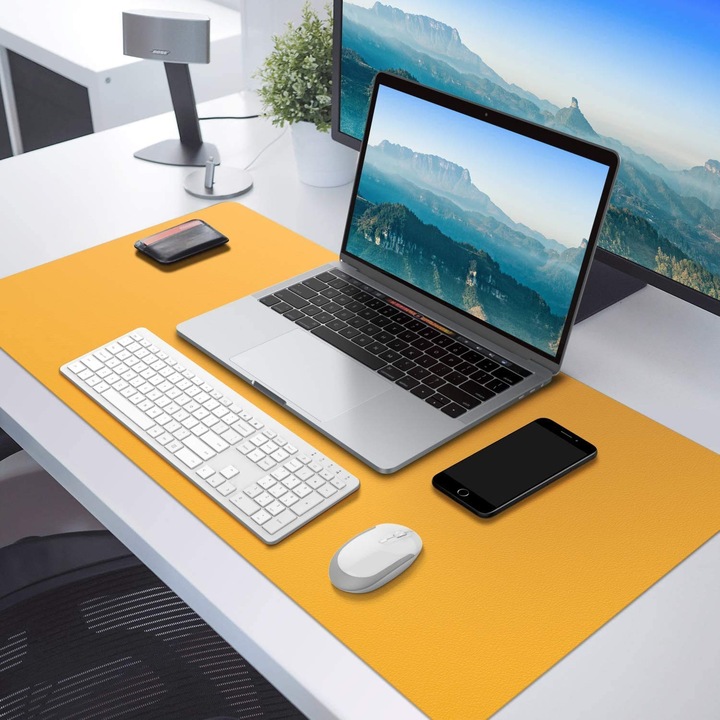 Mousepad, SIHOiSi, Piele PU cu doua fete, 80×40 cm, Albastru regal si galben