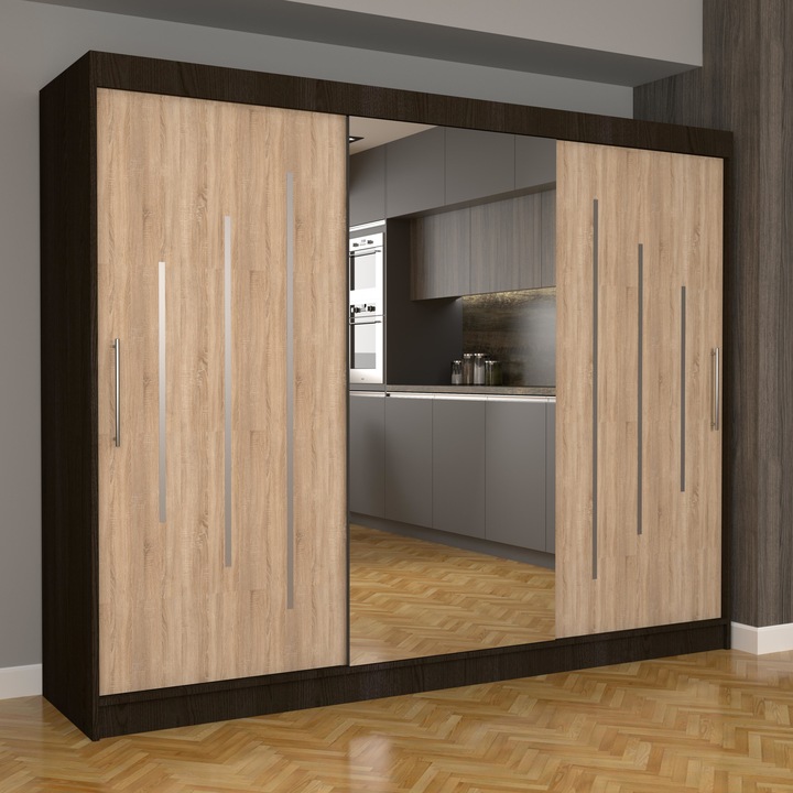 Dulap Dormitor Stefan Ultra HD 250 cm x 200 cm x 61 cm, cu oglinda, wenge cu usi glisante sonoma