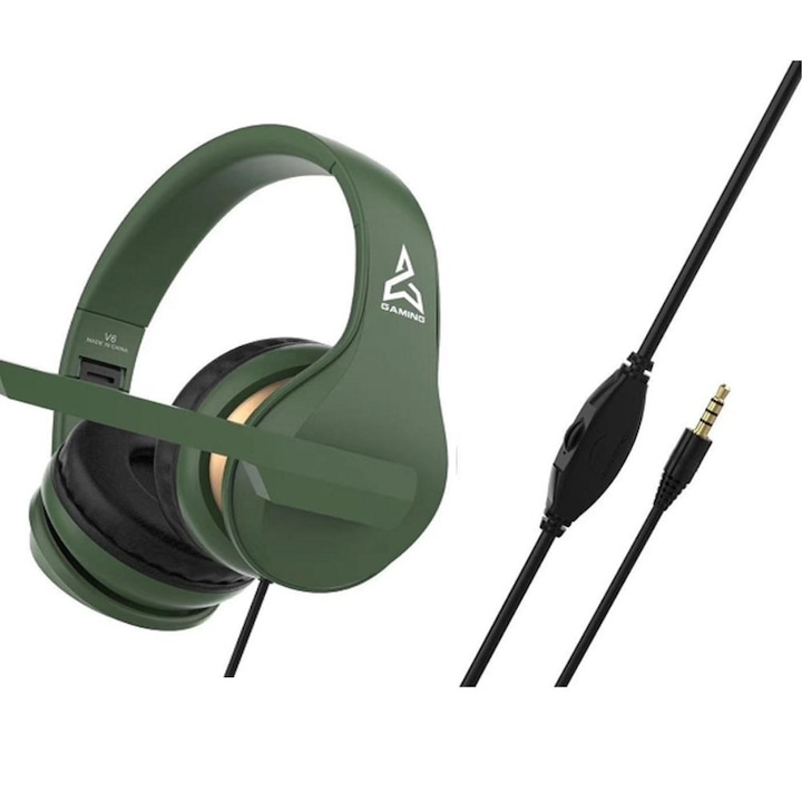 Fülhallgató játékhoz használható fejhallgató, V6-os modell, vezetékes, sztereó, puha fülpárnák, több eszközt is támogat, kényelmes, állítható, zöld
