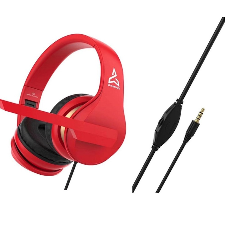 Fülhallgató játékhoz használható fejhallgató, V6 modell, vezetékes, sztereó, puha fülpárnák, több eszközt is támogat, kényelmes, állítható, piros