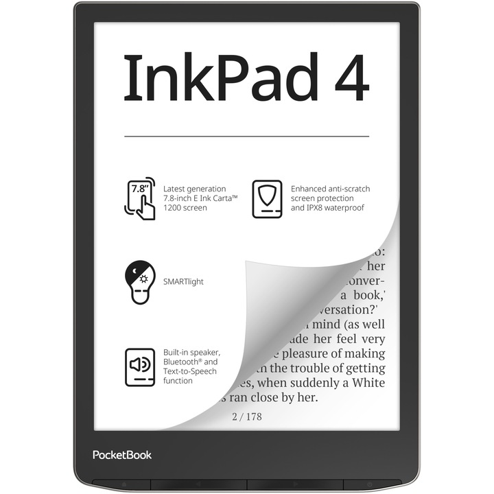 eBook Reader PocketBook InkPad 4 PB743G, ecran tactil 7.8" E Ink Carta™ 1200, 300dpi, 32GB, SMARTlight, G-sensor, Bluetooth&WiFi, Argintiu