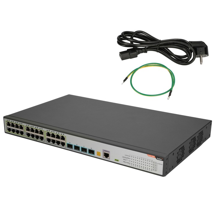Switch Fiberhome S4820-28T-X-PE-AC, 24x RJ45 1000Mbps PoE, 4x SFP+, IPv4/IPv6, fém ház, PoE aktív, L2/L3, fekete/szürke