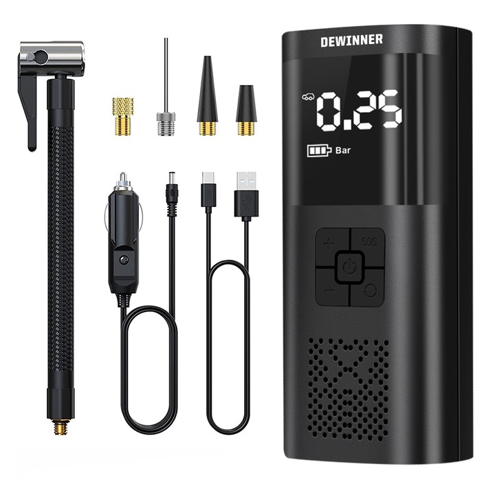 Мини многофункционална въздушна помпа, DEWINNER, електрическа, LED дигитален дисплей, USB акумулаторна, включени аксесоари, 150PSI, черна