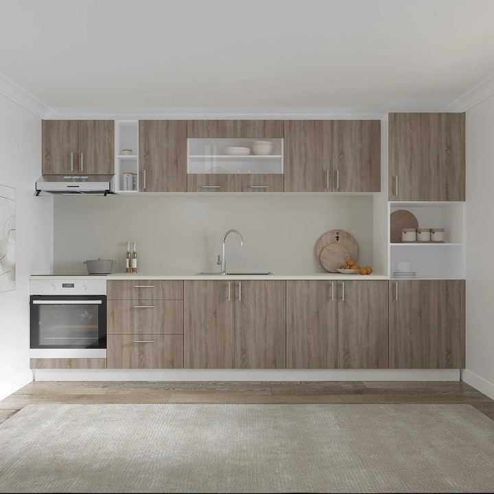 Set Bucatarie haaus Karo V31, Stejar Sonoma Inchis/Alb, Blat Thermo 28 mm, L 340 cm