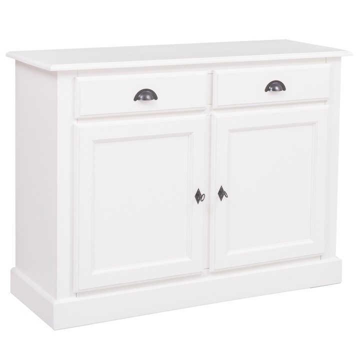 Bufet cu 2 usi si 2 sertare, culoare exterior alb murdar antichizat P039A, culoare interior maro P001, dublu color, 100% lemn masiv