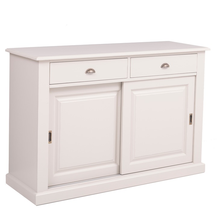 Bufet cu 2 usi glisante si 2 sertare pe sine, culoare bej antichizat P024A, vopsit antichizat, 100% lemn masiv