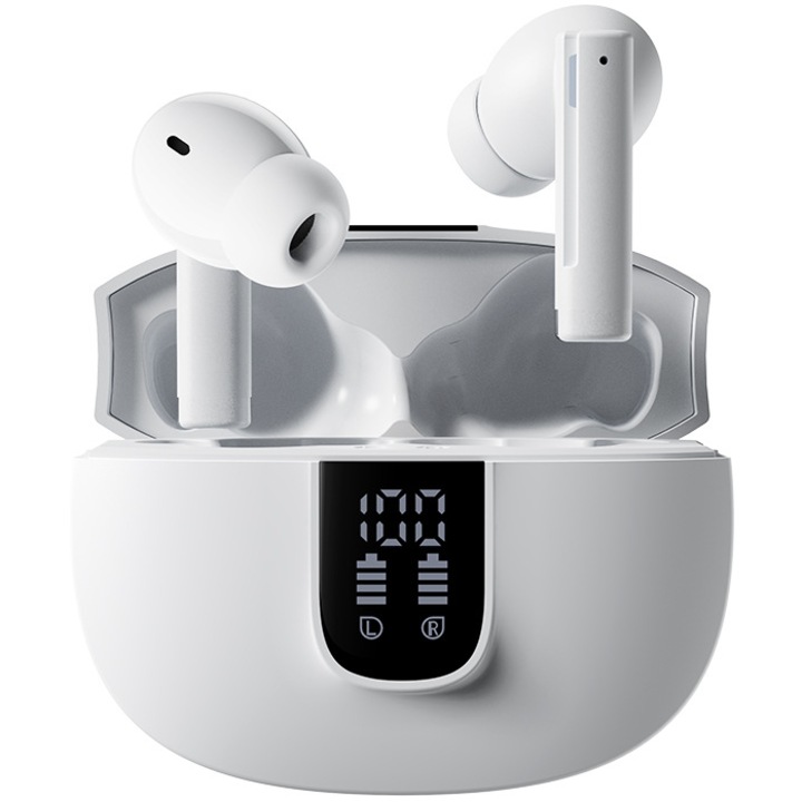 Vezeték nélküli fülhallgató, Bluetooth 5.3, dupla HD mikrofon, sztereó hang, LCD kijelző, játékmód, alacsony késleltetés, érintésvezérlés, vízálló, fehér